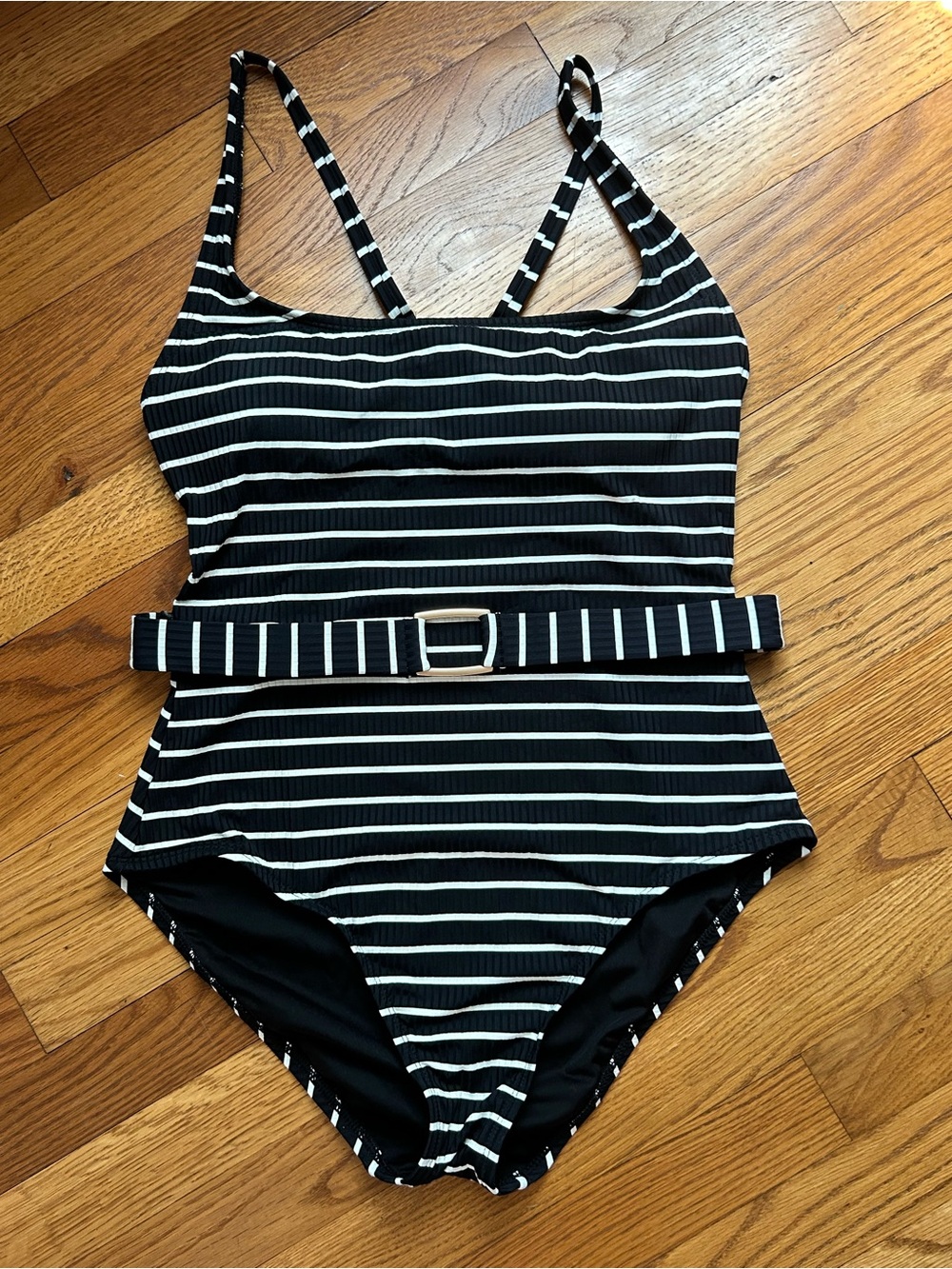 Lands' End Black and White Striped One-Piece with Belt